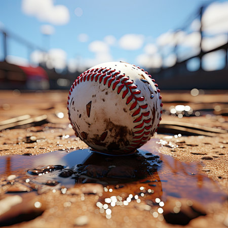 Baseball ball on the base of a baseball bat on a baseball fieldの素材