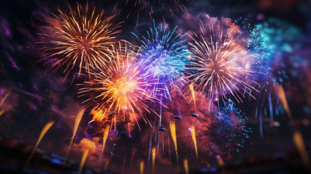 Colorful fireworks of various colors over night sky background, celebration conceptの素材