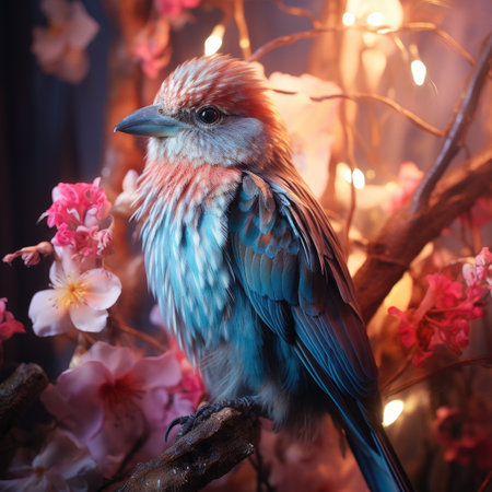 Beautiful blue bird sitting on a branch with pink flowers in the forest.の素材