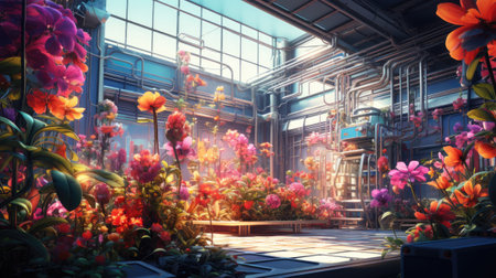 A flower garden in the interior of a modern buildingの素材