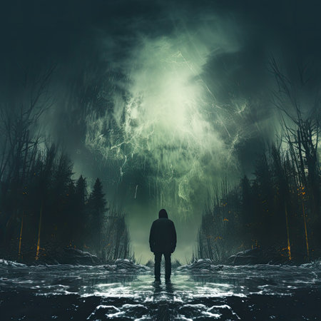 Man in dark forest. Halloween concept.の素材