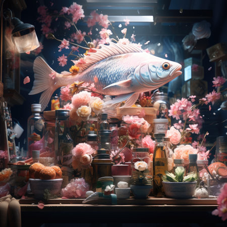 Flower shop window display with fish and flowers in vintage style.の素材