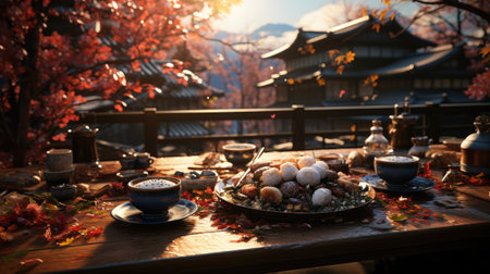Cup of hot chocolate and tea set with autumn leaves on the wooden tableの素材