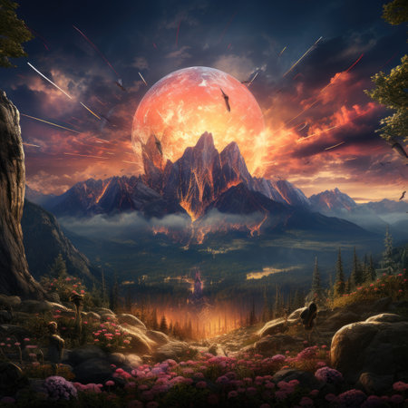 Fantasy landscape with full moon and pink rhododendronsの素材