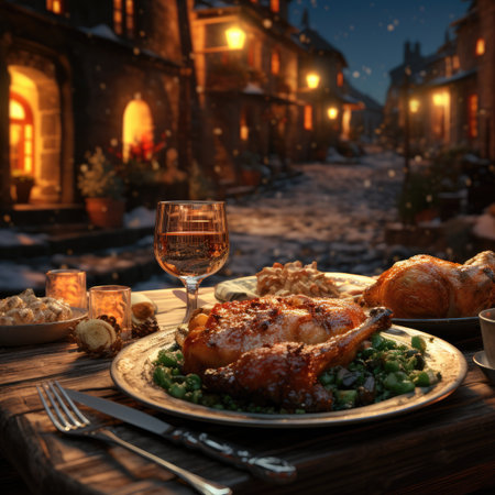 Roasted chicken with glass of wine on wooden table in night cityの素材