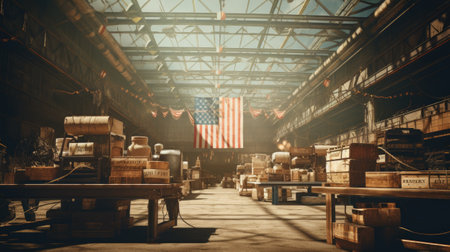 Industrial warehouse with large wooden boxes and American flag in the foregroundの素材