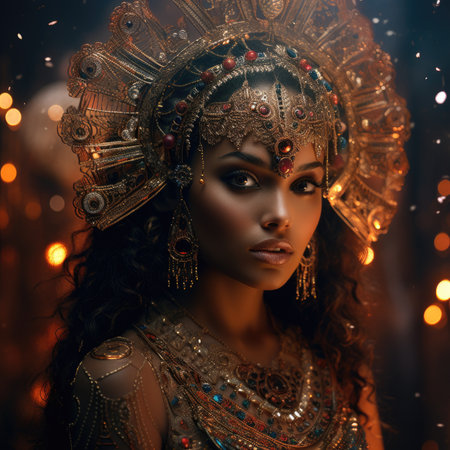 Portrait of a beautiful girl in a golden headdress. Beauty, fashion.の素材