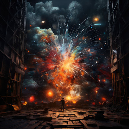 3d rendering of a man standing in front of a huge explosionの素材