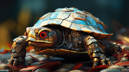 A giant tortoise with red eyes and yellow leavesの素材