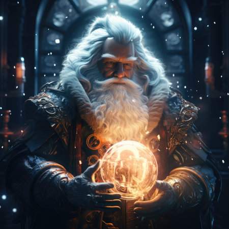 Santa Claus with magic lamp in his handsの素材