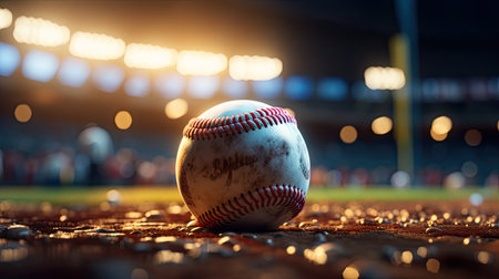 Baseball ball on baseball field at night.の素材