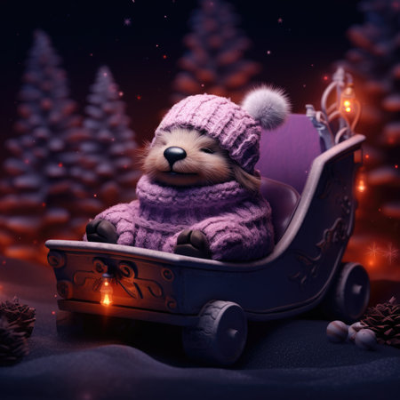 Cute teddy bear in a Christmas sleigh on a dark backgroundの素材