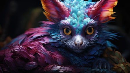 close up of blue and purple parrot with yellow eyes on dark backgroundの素材