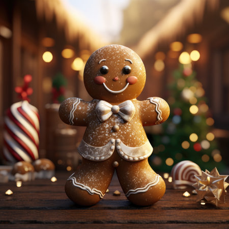 Gingerbread man in front of a Christmas tree on a wooden backgroundの素材