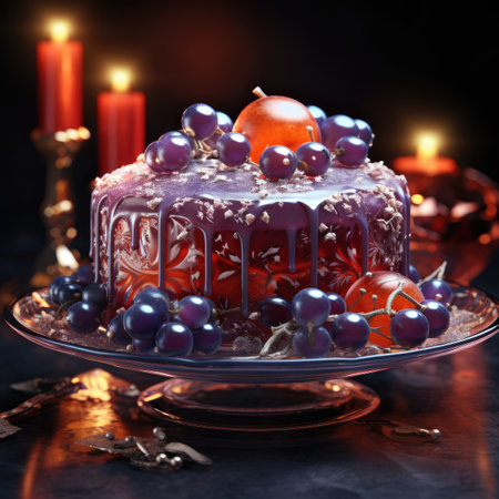 Birthday cake decorated with berries and candles on a dark background.の素材