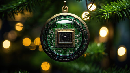 Circuit board on christmas tree with bokeh background.の素材