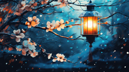 Lantern on the background of a blossoming tree at nightの素材
