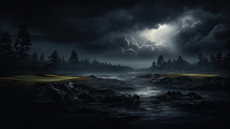 Fantasy landscape with dark forest and river at night.の素材