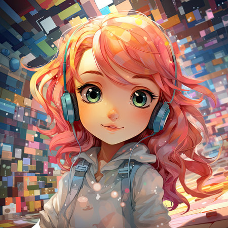 Cute girl with headphones listening to music in the city. Vector illustration.の素材