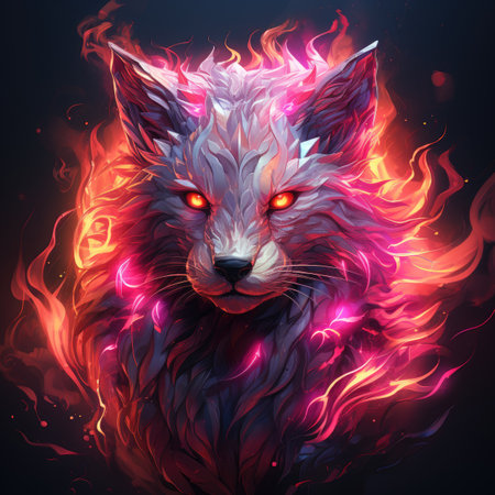 Fantasy portrait of a fox with a bright flame in the background.の素材