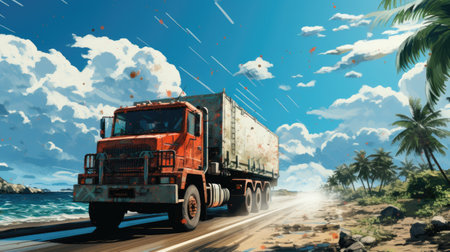 Truck on the road with clouds and blue sky.の素材