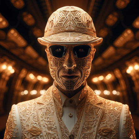 Portrait of a man in a hat with a pattern on his face.の素材