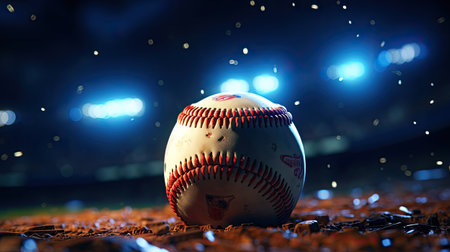 Baseball ball on a baseball field at night.の素材