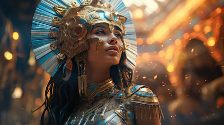 Regal warrior with ornate gold and turquoise headdress and ceremonial armorの素材