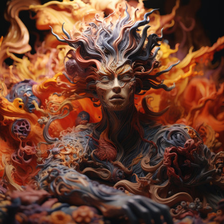 a woman with a mask in the form of fireの素材