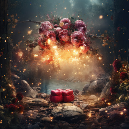 Gift box with red ribbons on the background of a magic forestの素材