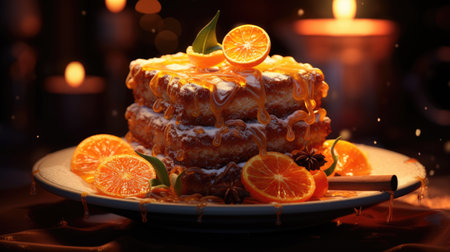 Delicious cake with tangerines and honey on table, closeupの素材