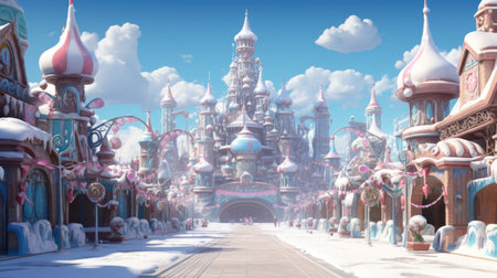 Whimsical Snowy Holiday Village With Candy Cane Castle and Festive Decorationsの素材