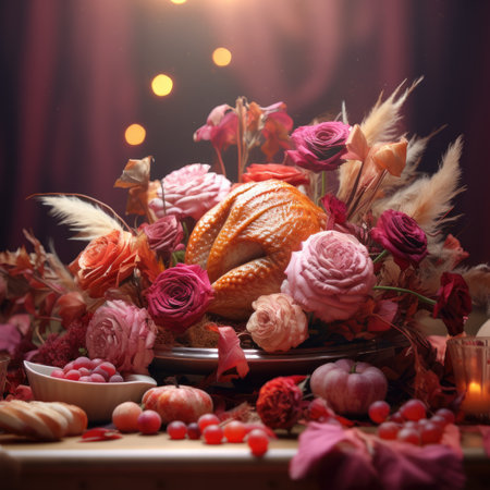 Still life with dried flowers and fruits on a wooden table. Bokeh backgroundの素材