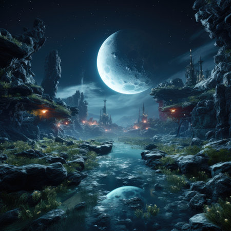 Fantasy landscape with a river, the moon and the ancient cityの素材