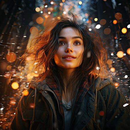 Portrait of a beautiful young woman in a raincoat at night.の素材