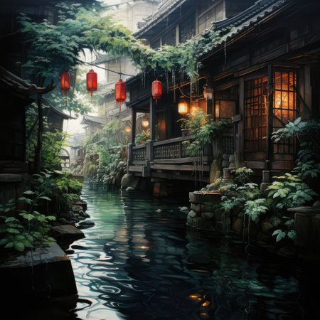Chinese traditional style houses with lanterns at nightの素材