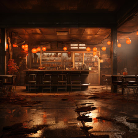 Restaurant in a rainy night with puddles on the floorの素材