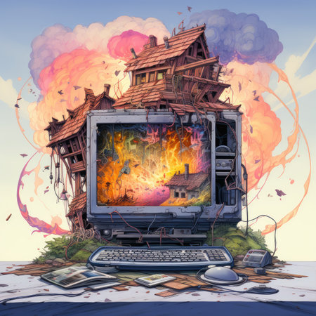 A computer monitor with a burning house on the background of a pile of money.の素材