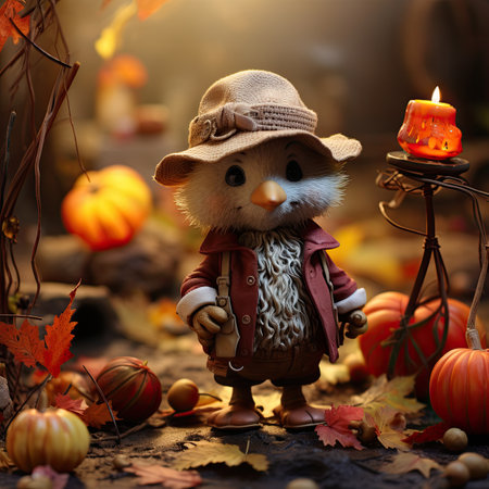 Funny scarecrow with pumpkins and candles on autumn background.の素材