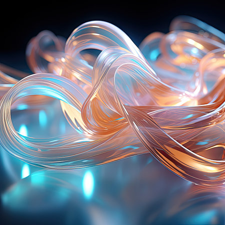 Abstract flowing ribbons in warm orange and cool blue tones with glossy reflective surfaces and glowing futuristic lightの素材