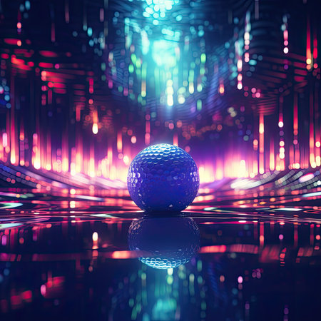 Futuristic glowing sphere with cyberpunk neon lights and reflective abstract backgroundの素材