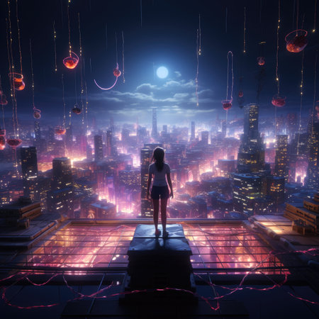 Woman standing on top of a building and looking at night city.の素材