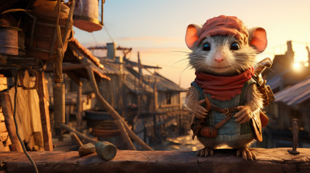 Cute little rat in a hat and scarf on the background of the setting sunの素材