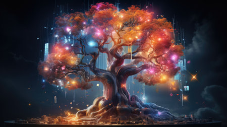 Digital composite of 3D tree with glowing lights and city in backgroundの素材