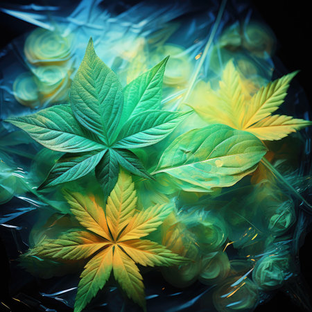 Cannabis leafs in a plastic bag on a dark backgroundの素材