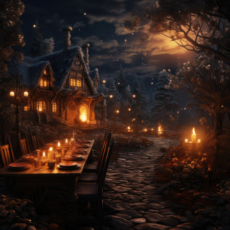 Night in the winter forest. Wooden house with candles.の素材