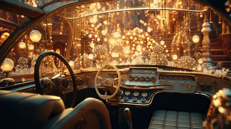 Interior of a retro car with golden lights.の素材