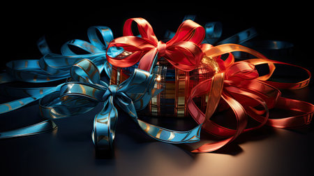 Red and blue ribbons on a black background.の素材