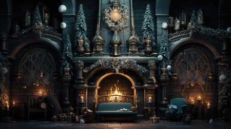 a fantasy house with a fireplace and christmas decorationsの素材