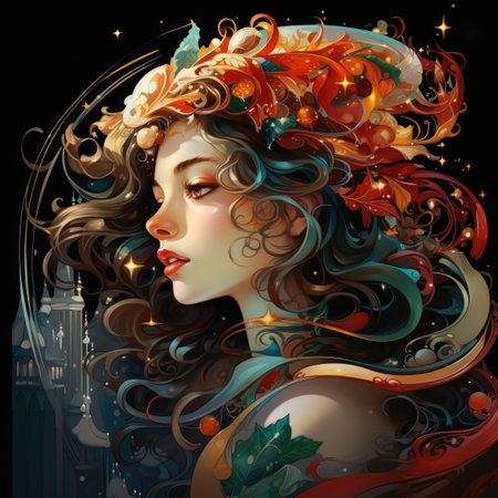 Fantasy portrait of a beautiful girl with a wreath on her head.の素材